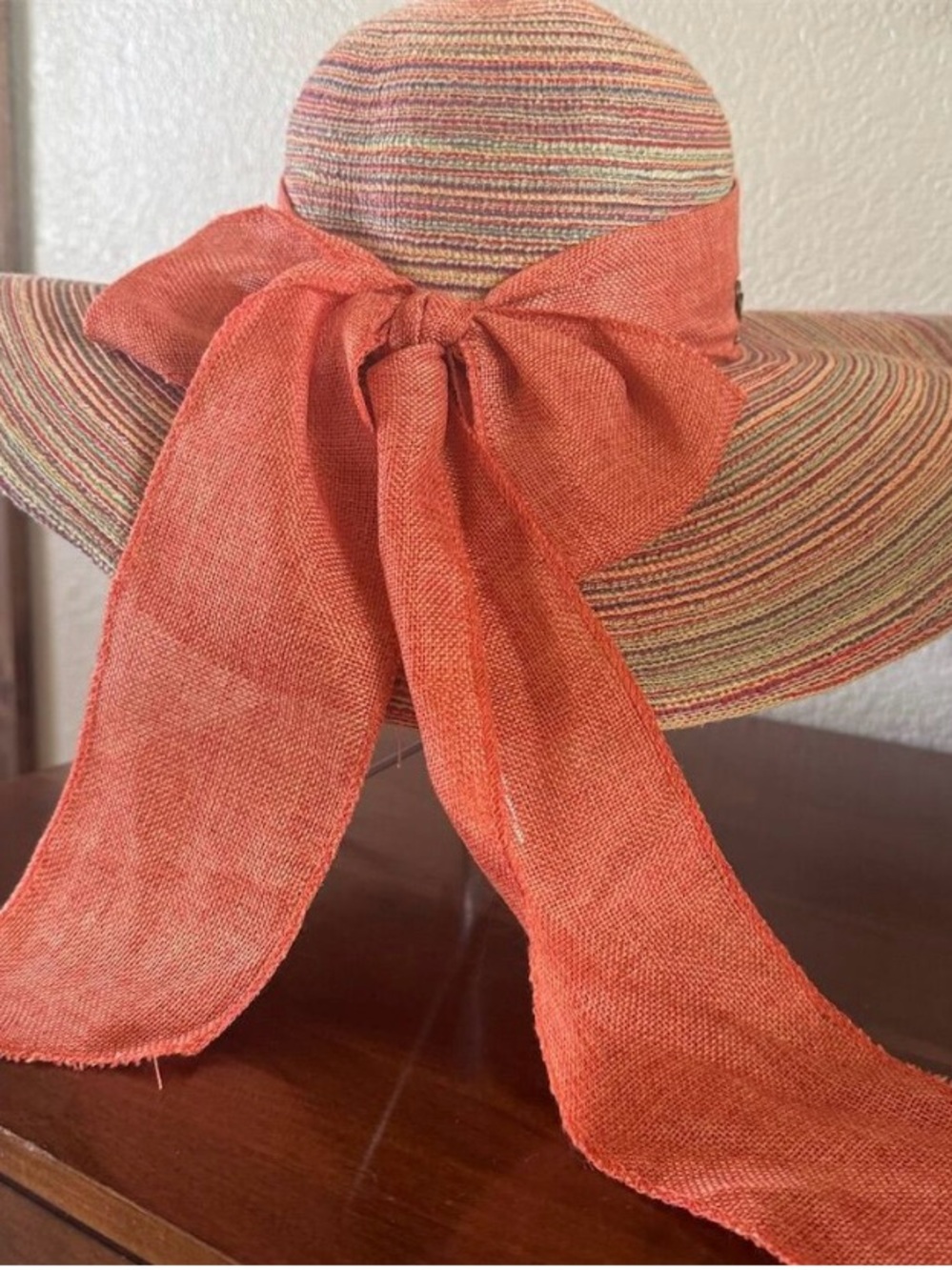 Wide-Brim Straw Sun Hat with Rust Bow Accent - Picture 5 of 5